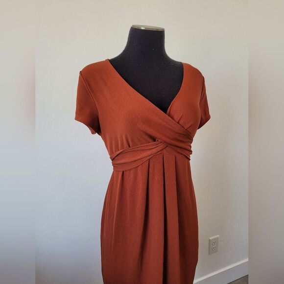 Liz Lange Maternity Dress Burnt Orange Wrap Jersey Midi Comfy Pregnancy Small - Picture 2 of 8